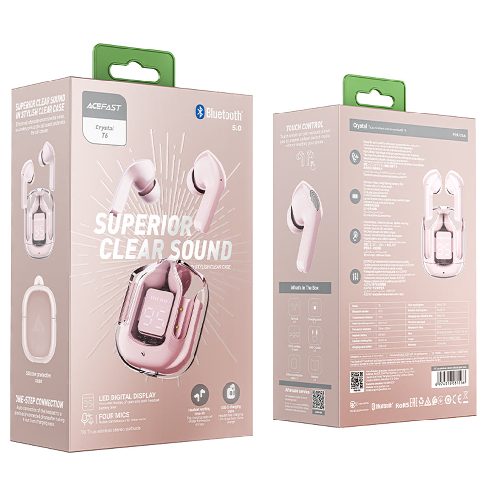 Auricolari Bluetooth Acefast T6, TWS, Rosa