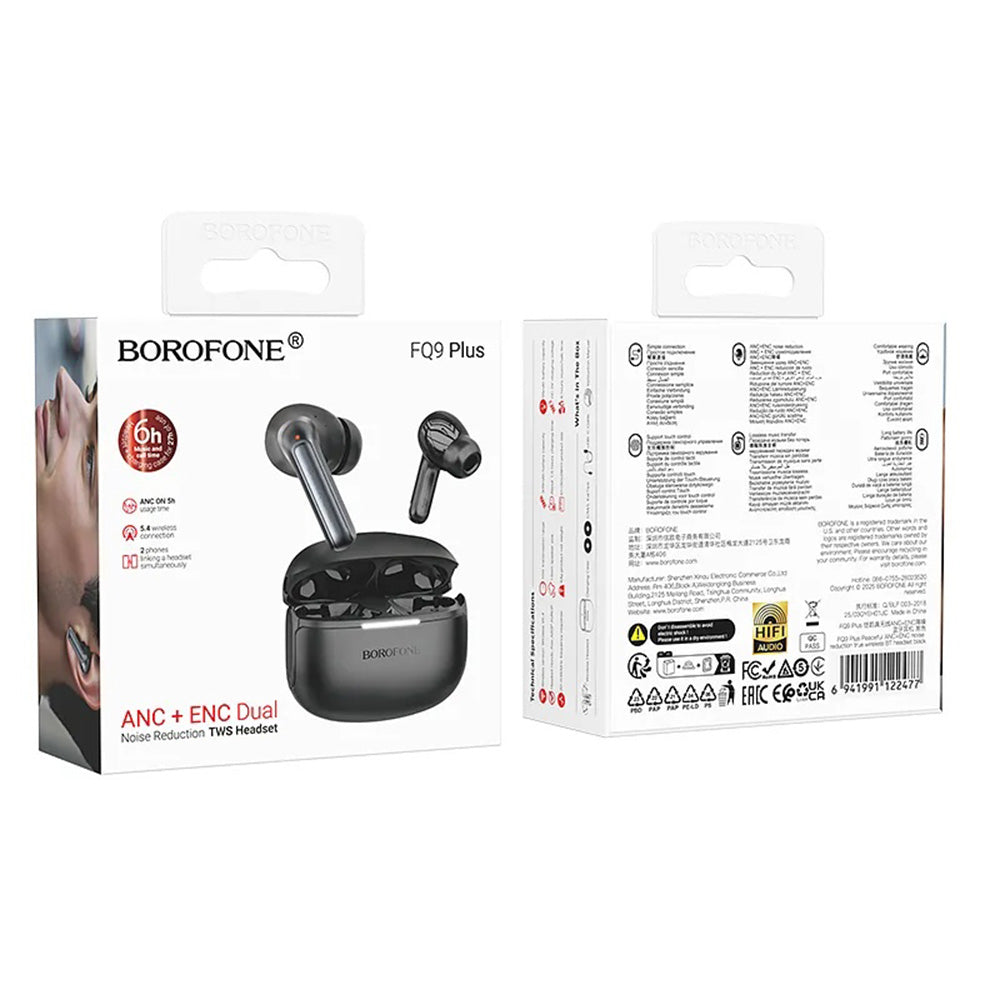 Auricolare Bluetooth Borofone FQ9 Plus Peaceful, TWS, ANC, Nero