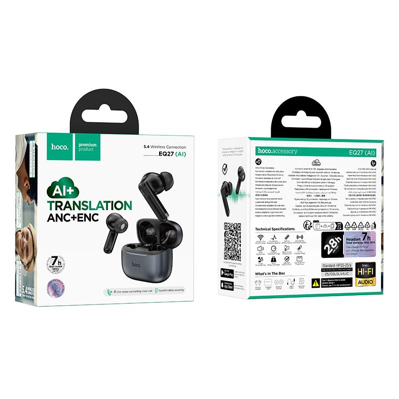 Auricolare Bluetooth HOCO EQ27 AI Translation, TWS, ANC, Grigio