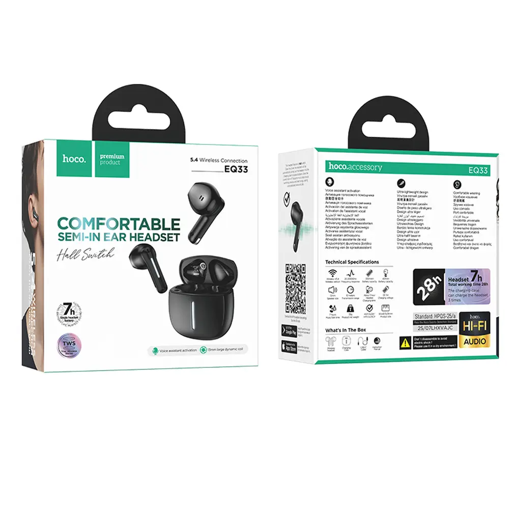 Auricolari Bluetooth HOCO EQ33, TWS, Nero