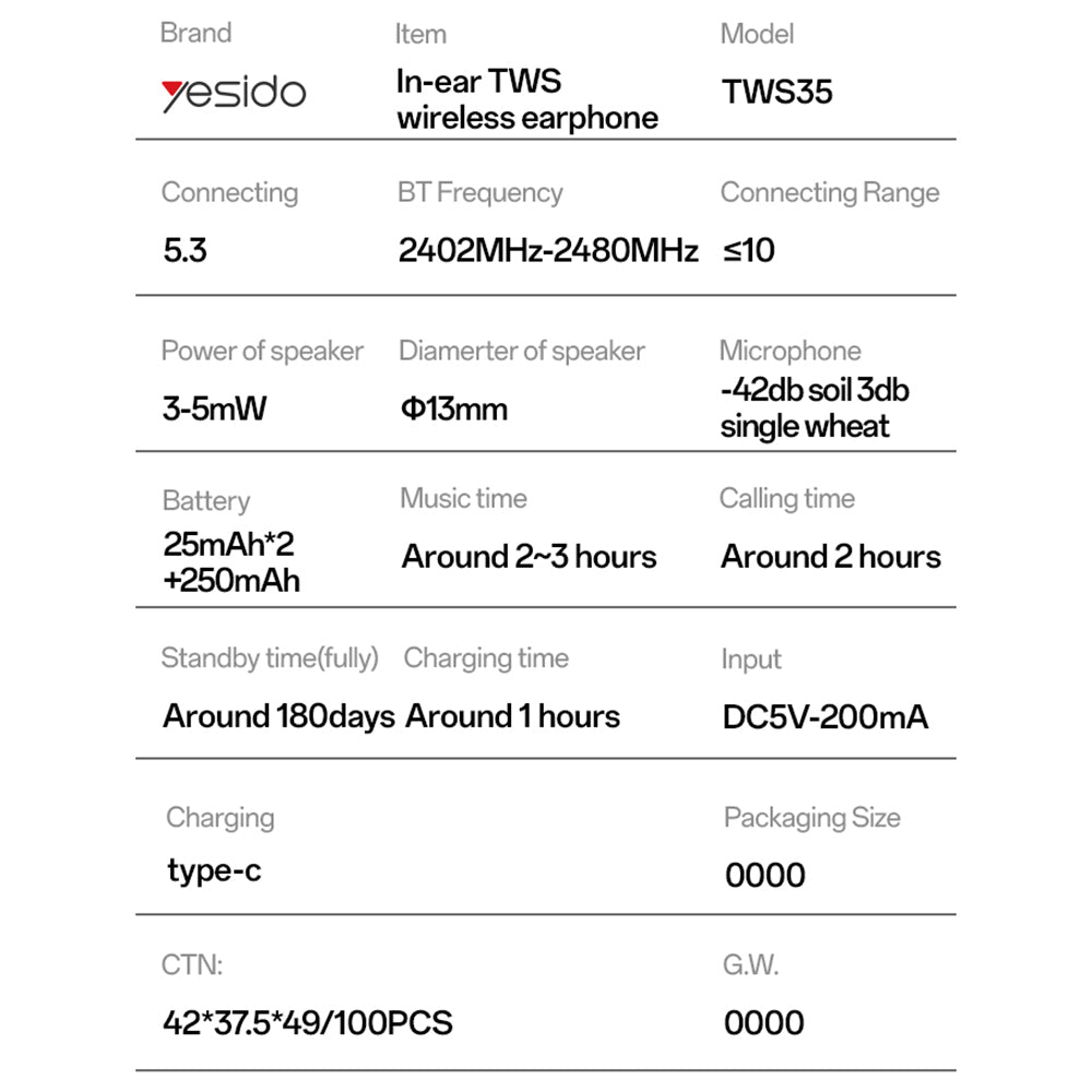Auricolare Bluetooth Yesido TWS35, TWS, Bianco