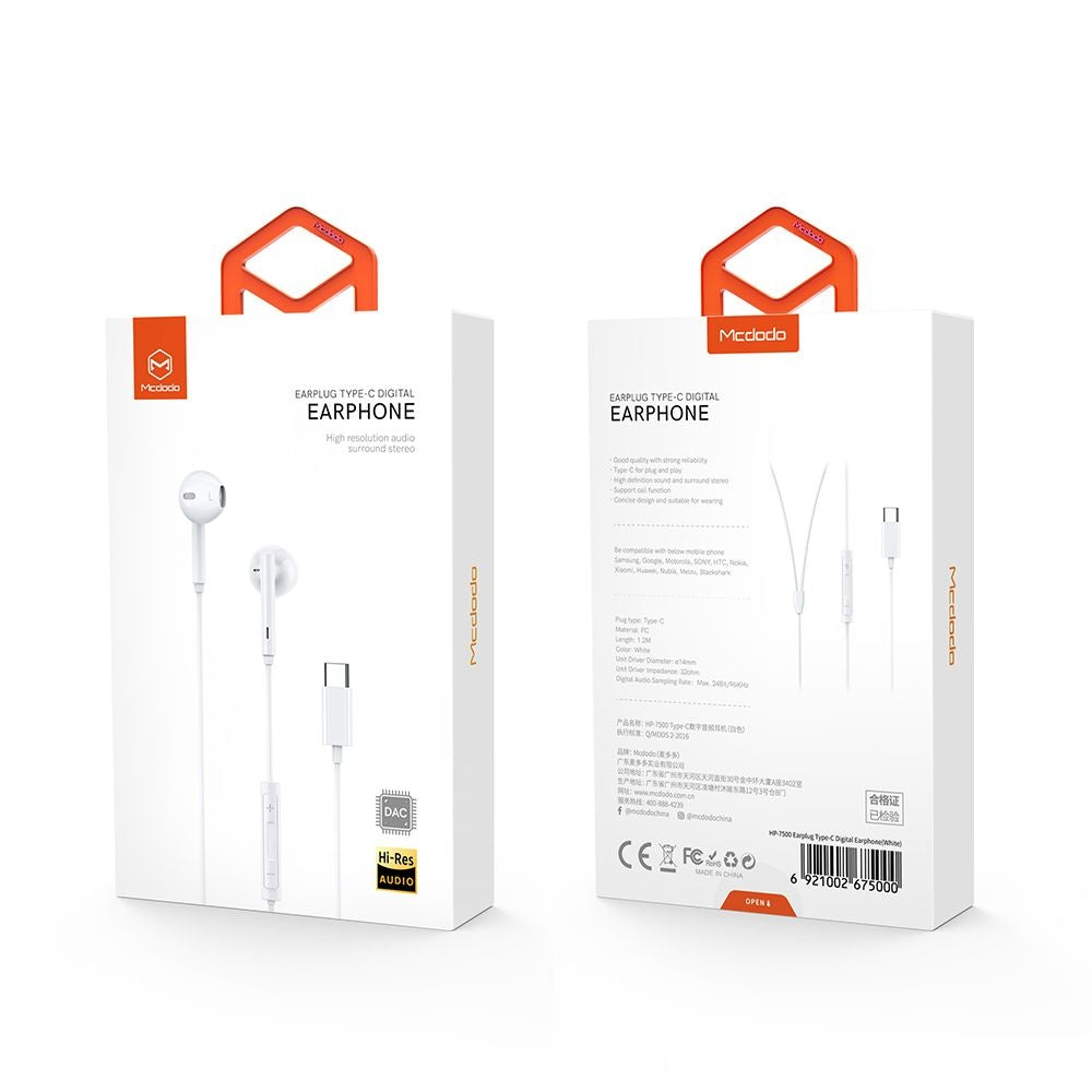 Handsfree USB-C McDodo HP-7500, White