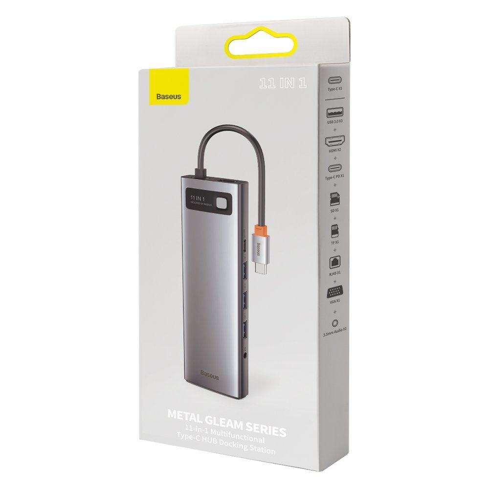Hub USB-C Baseus Metal Gleam, 3 x USB-A 3.0 - 1 x USB-C - 2 x HDMI - 1 x VGA - 1 x Jack 3.5mm - 1 x RJ45 - 1 x SD - 1 x microSD, Grigio CAHUB-CT0G
