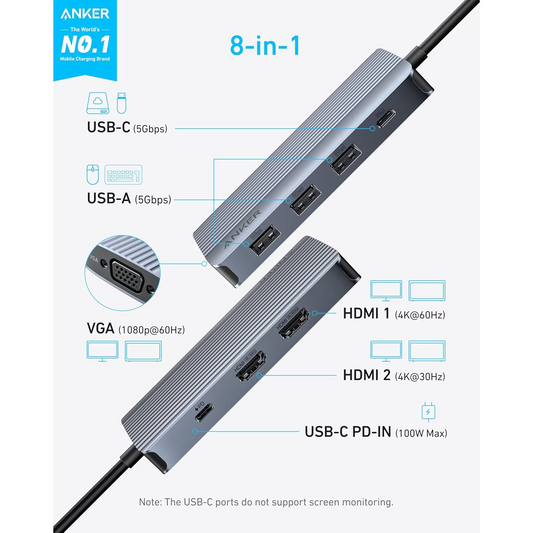 Hub USB-C Anker, 3 x USB-A 3.0 - 2 x USB-C - 2 x HDMI - 1 x VGA, Grigio A83790A2