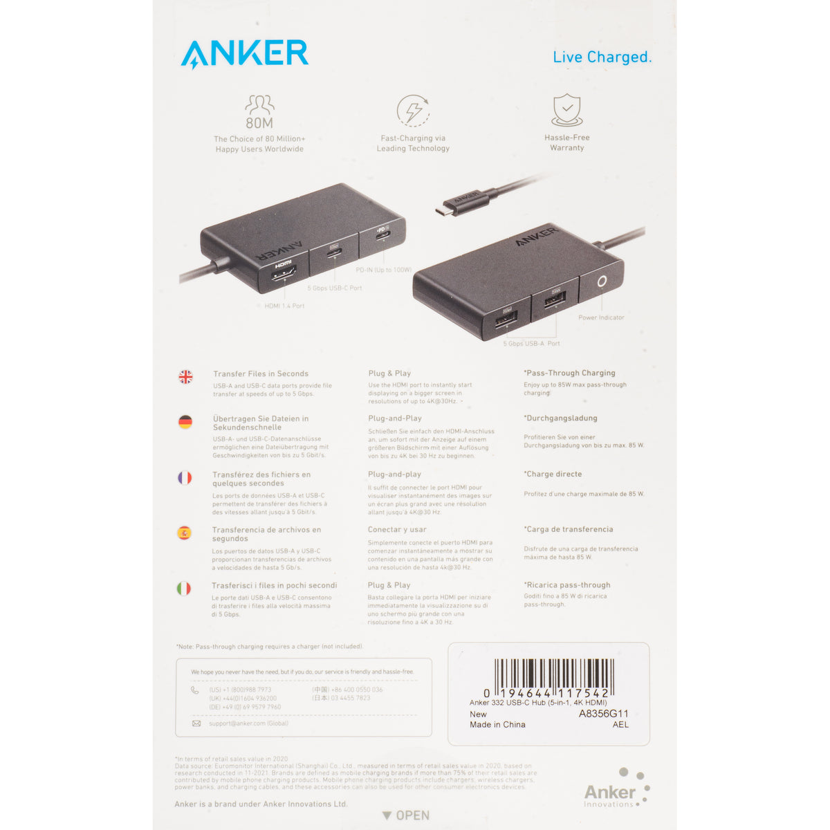 Hub USB-C Anker 332, 2 x USB-A - 2 x USB-C - 1 x HDMI, Nero A8356G11