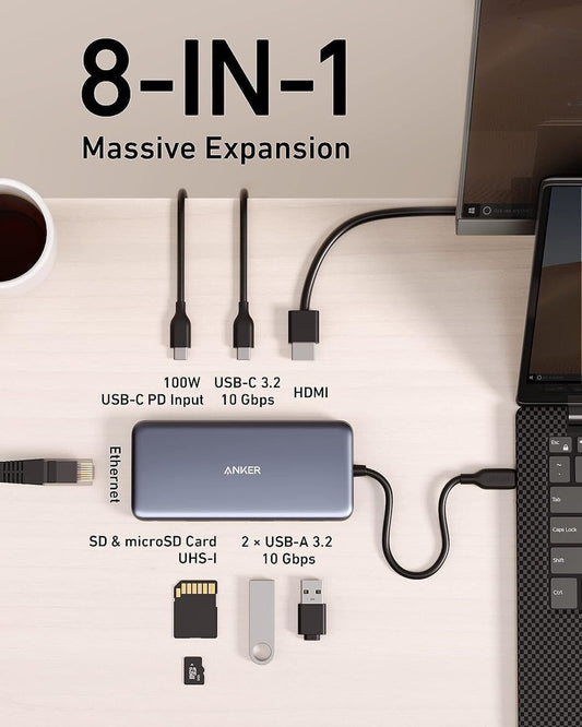 Hub USB-C Anker 555, 2 x USB-A 3.2 - 2 x USB-C - 1 x HDMI - 1 x RJ45 - 1 x SD - 1 x microSD, Grigio A83830A2