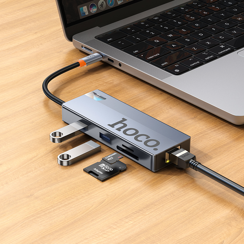 Hub USB-C HOCO HB52, 2 x USB-A 3.0 - 2 x USB-C - 1 x HDMI - 1 x RJ45 - 1 x SD - 1 x microSD, Grigio