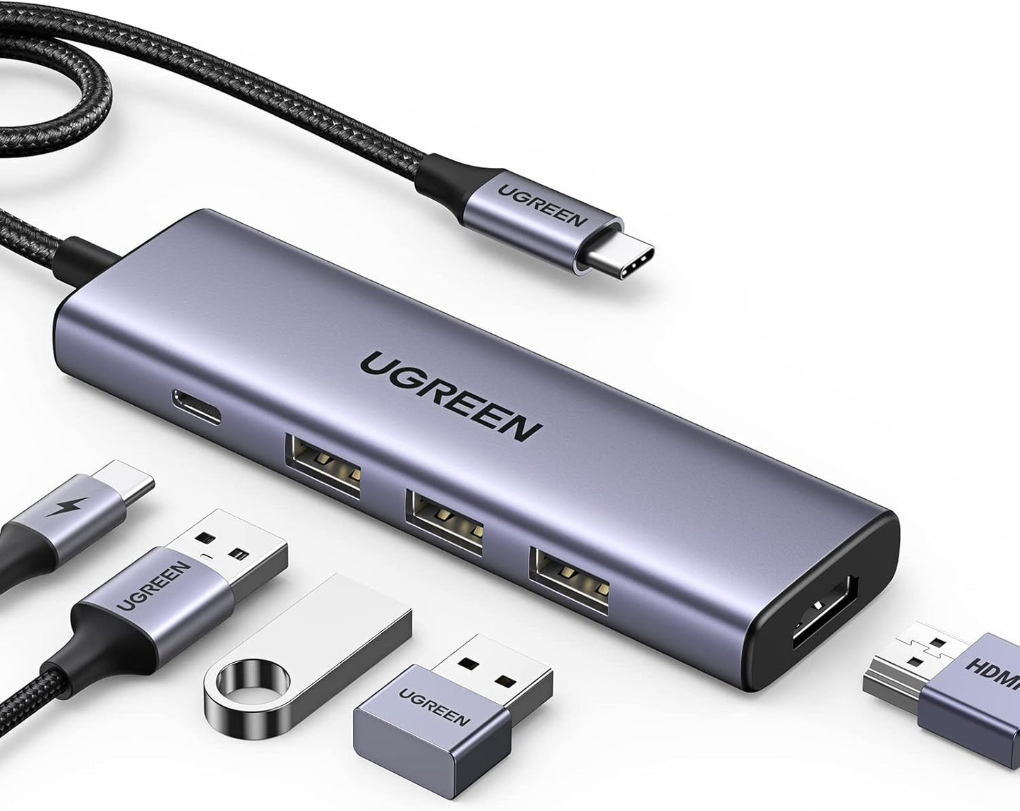 Hub USB-C UGREEN CM511, 3 x USB-A 3.0 - 1 x USB-C - 1 x HDMI, Grigio