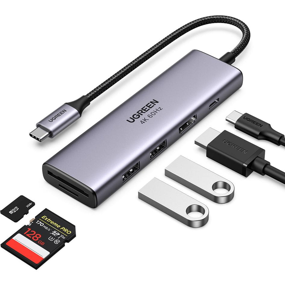UGREEN CM511 USB-C Hub (60384), 2 x USB-A 3.0 - 1 x USB-C - 1 x HDMI - 1 x SD - 1 x microSD, Gray