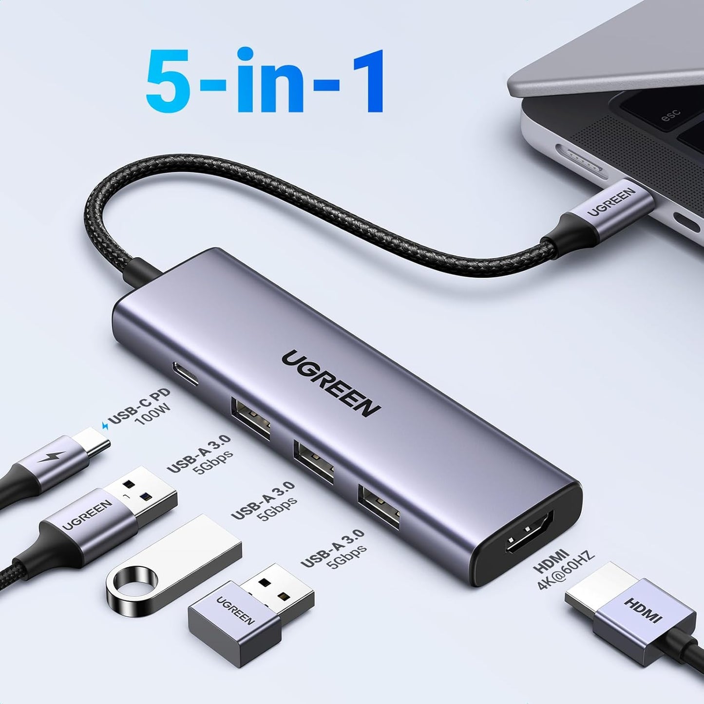 Hub USB-C UGREEN CM511, 3 x USB-A 3.0 - 1 x USB-C - 1 x HDMI, Grigio