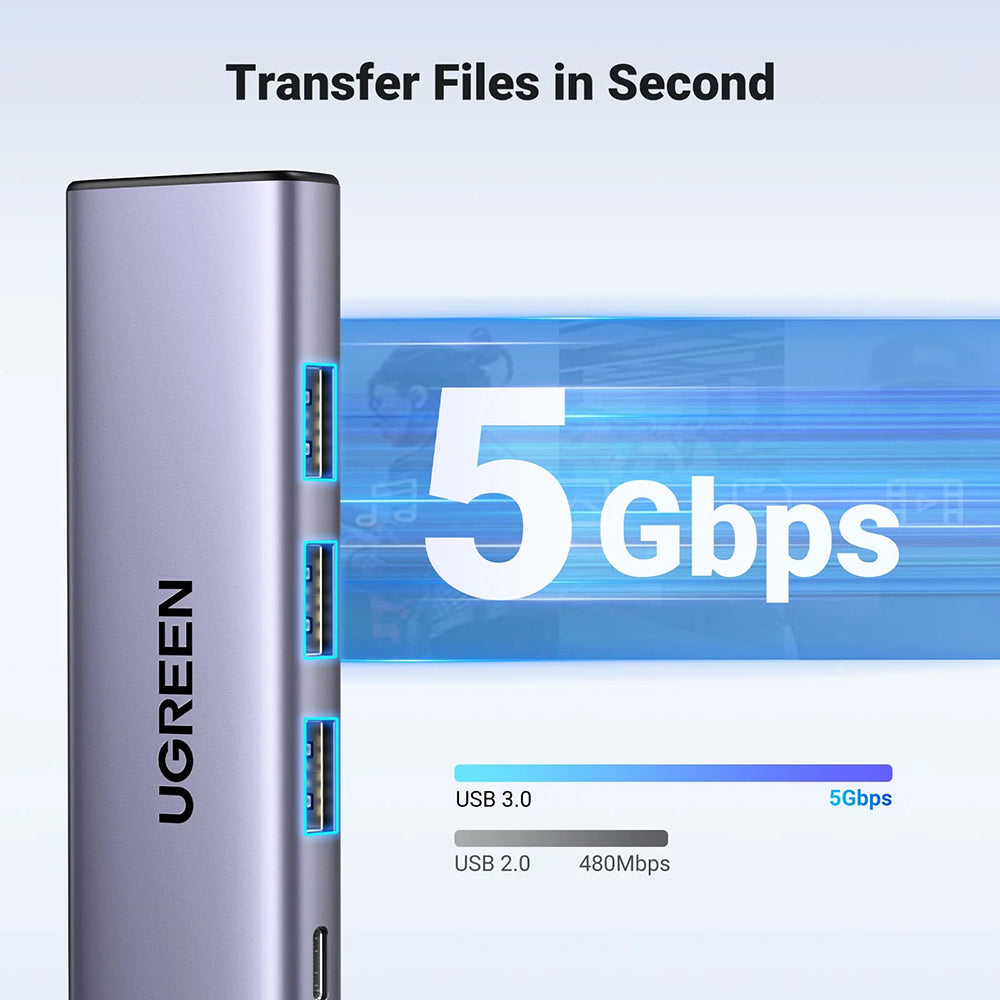 Hub USB-C UGREEN CM511 (15596), 3 x USB-A 3.0 - 1 x USB-C - 1 x HDMI, Grigio