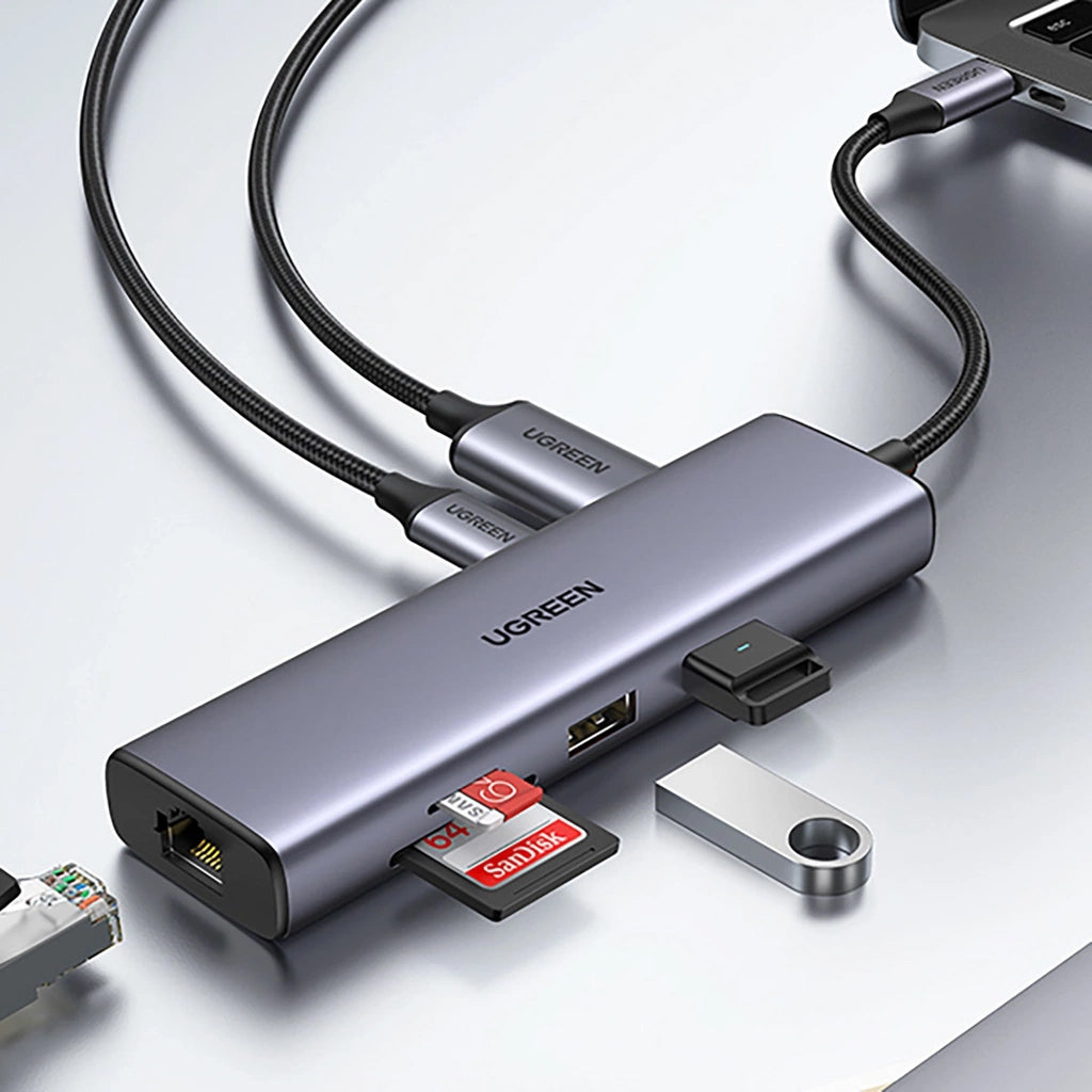 Hub USB-C UGREEN CM512 (90568), 2 x USB-A 3.0 - 1 x USB-C - 1 x HDMI - 1 x RJ45 - 1 x SD - 1 x microSD, Grigio