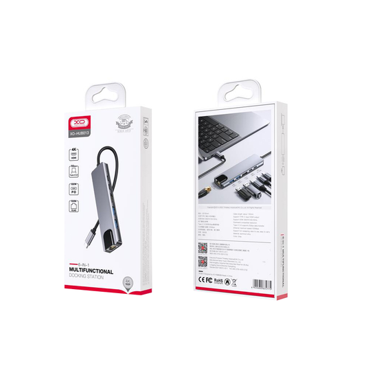 Hub USB-C XO Design HUB013, 1 x USB-A - 1 x USB-A 3.0 - 2 x USB-C - 1 x HDMI - 1 x RJ45, Grigio