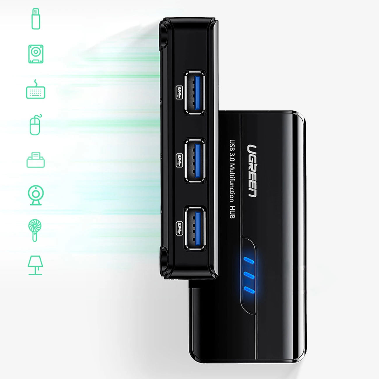 UGREEN 20265 USB Hub, 3 x USB-A 3.0 - 1 x RJ45, Black