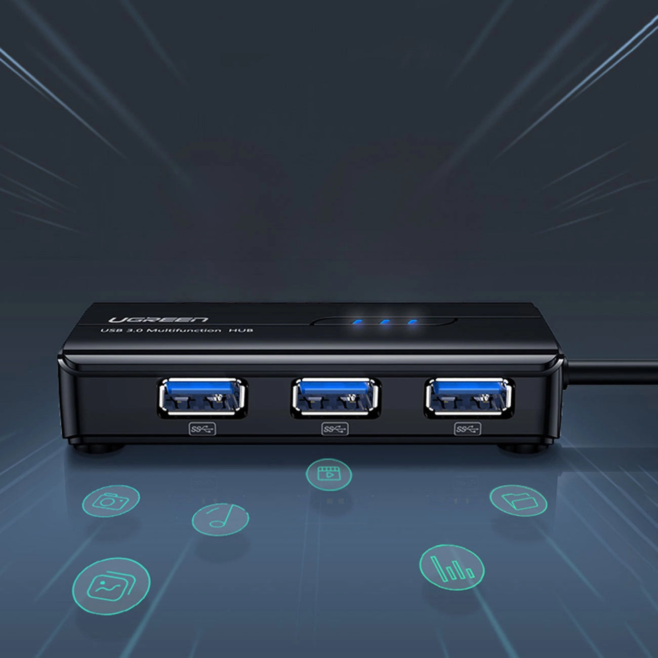 UGREEN 20265 USB Hub, 3 x USB-A 3.0 - 1 x RJ45, Black