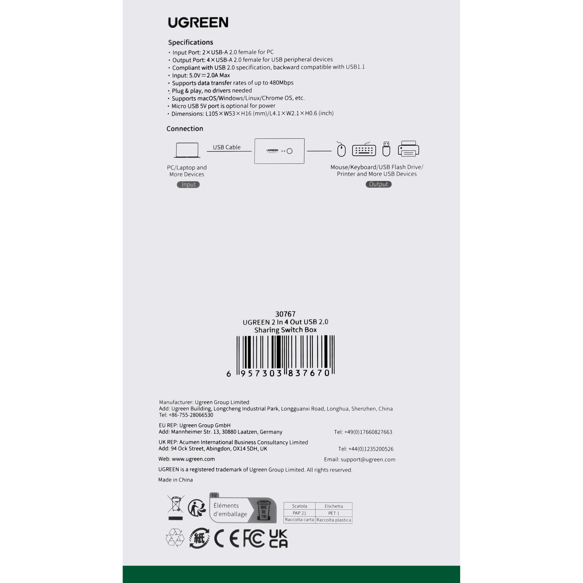 Switch USB UGREEN US216 (30767) Two Sharing Box, 4 x USB-A, Nero