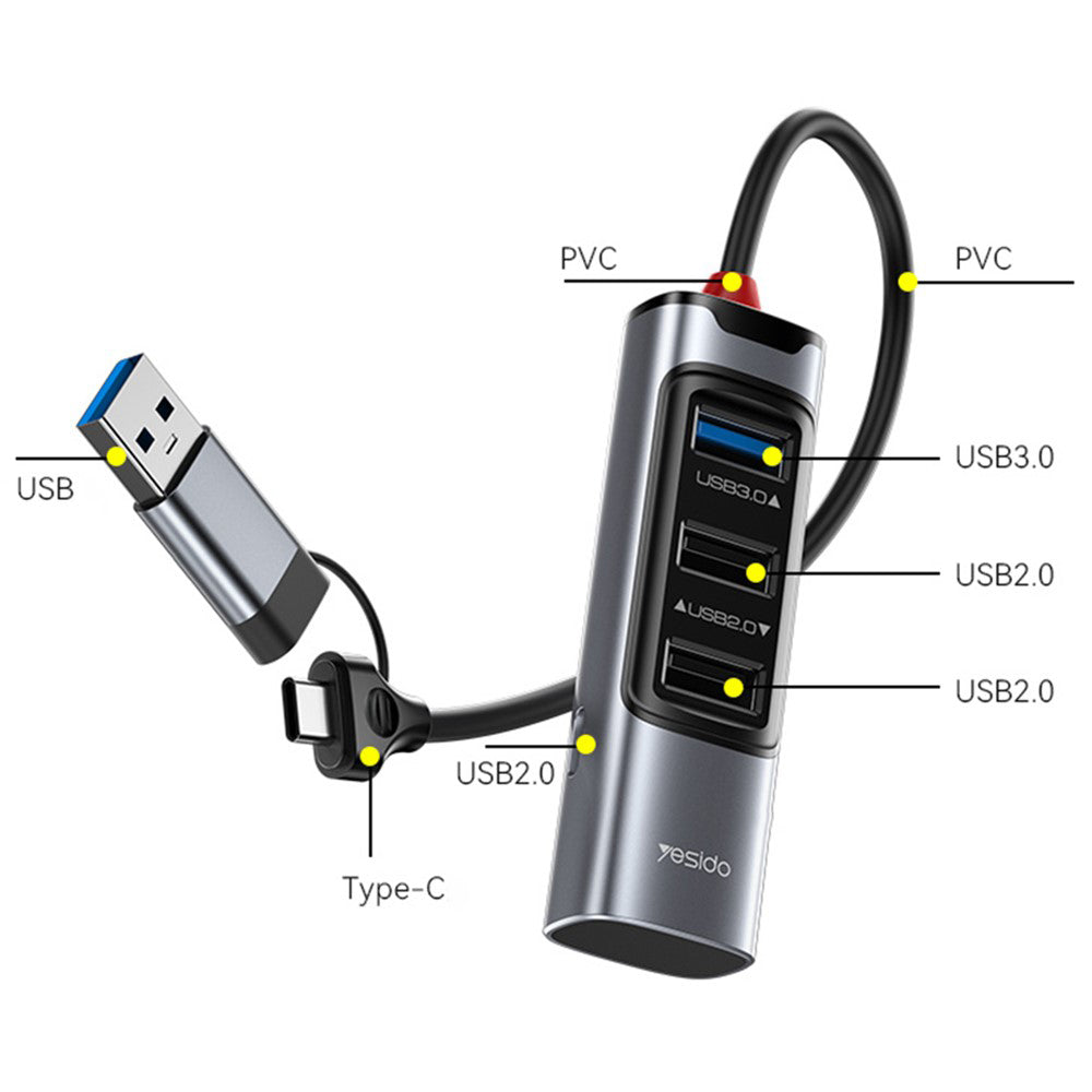 Hub USB / USB-C Yesido HB19, 4in1, Grigio