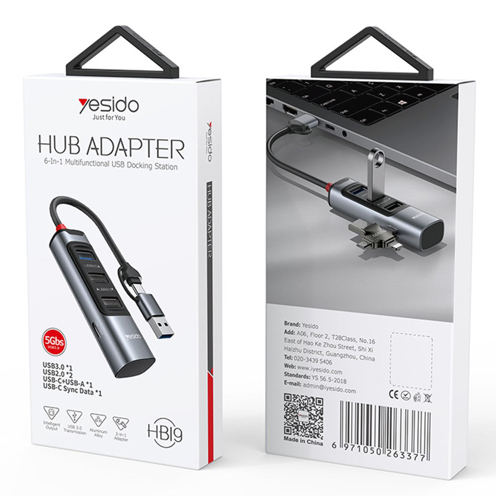 Hub USB / USB-C Yesido HB19, 4in1, Grigio