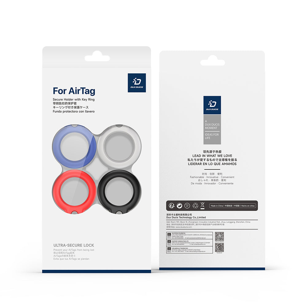 Custodia DUX DUCIS Secure per Apple AirTag, Set da 4 pezzi, Nera / Bianca / Blu / Rossa