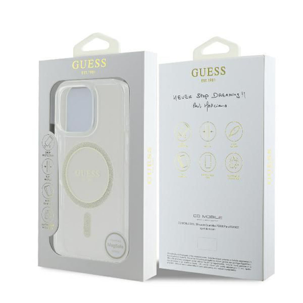 Custodia MagSafe per Apple iPhone 16 Pro, Guess, IML Glitter Ring, Trasparente GUHMP16LHFGERET