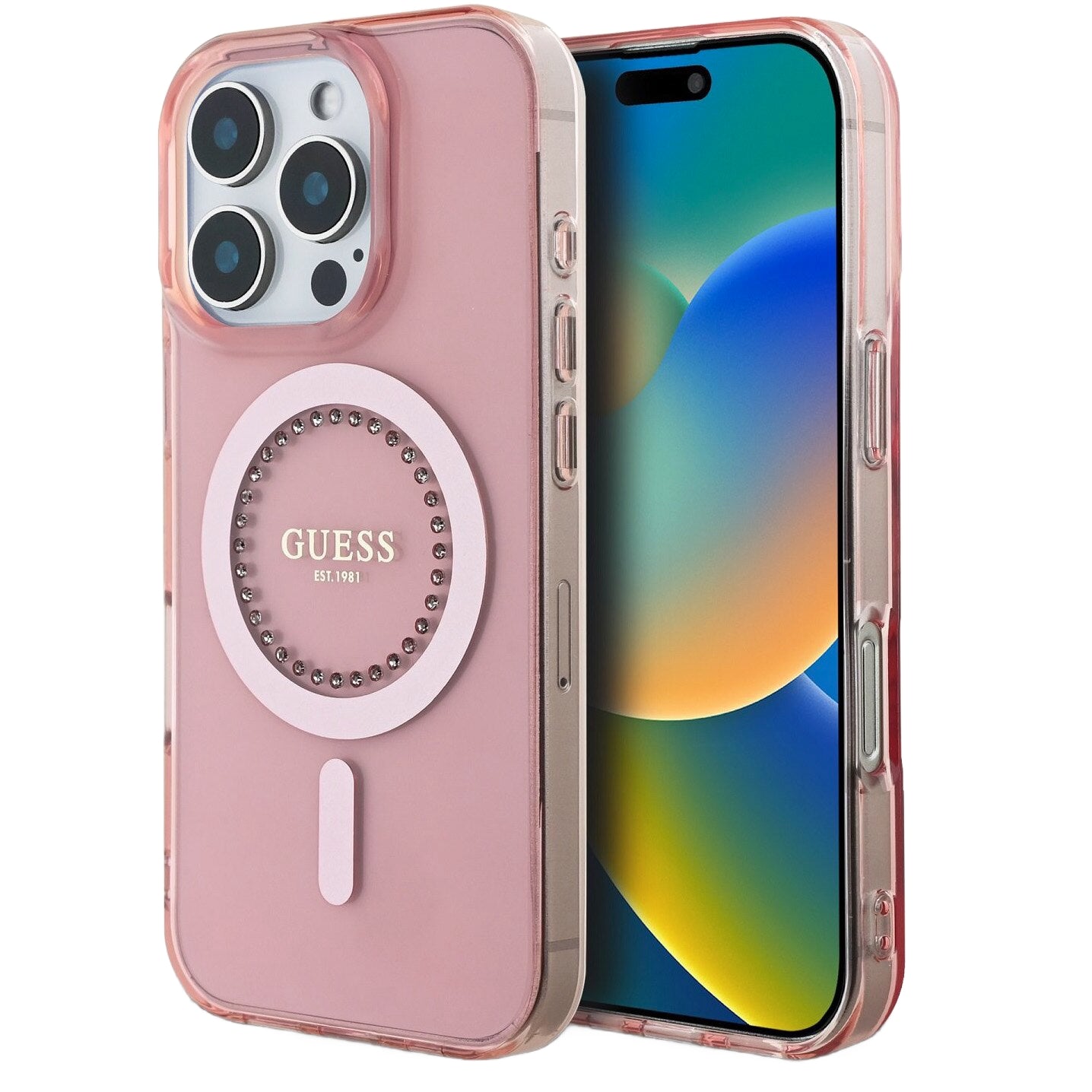 Custodia MagSafe per Apple iPhone 16 Pro Max, Guess, IML Rhinestones Ring, Rosa GUHMP16XPFTDTEP