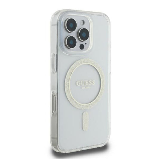 Custodia MagSafe per Apple iPhone 16 Pro, Guess, IML Glitter Ring, Trasparente GUHMP16LHFGERET