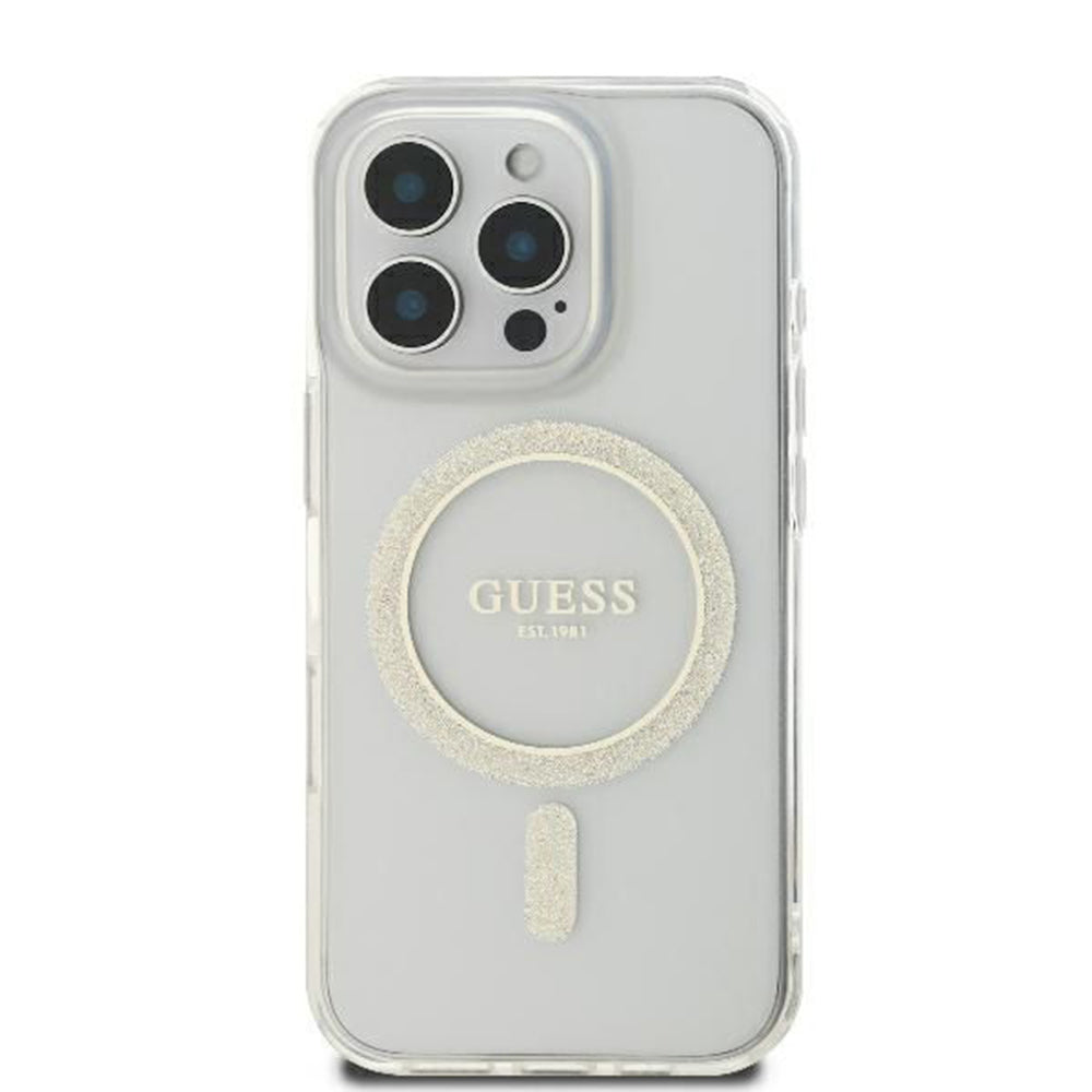Custodia MagSafe per Apple iPhone 16 Pro, Guess, IML Glitter Ring, Trasparente GUHMP16LHFGERET
