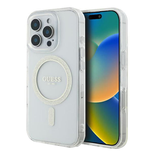 Custodia MagSafe per Apple iPhone 16 Pro, Guess, IML Glitter Ring, Trasparente GUHMP16LHFGERET