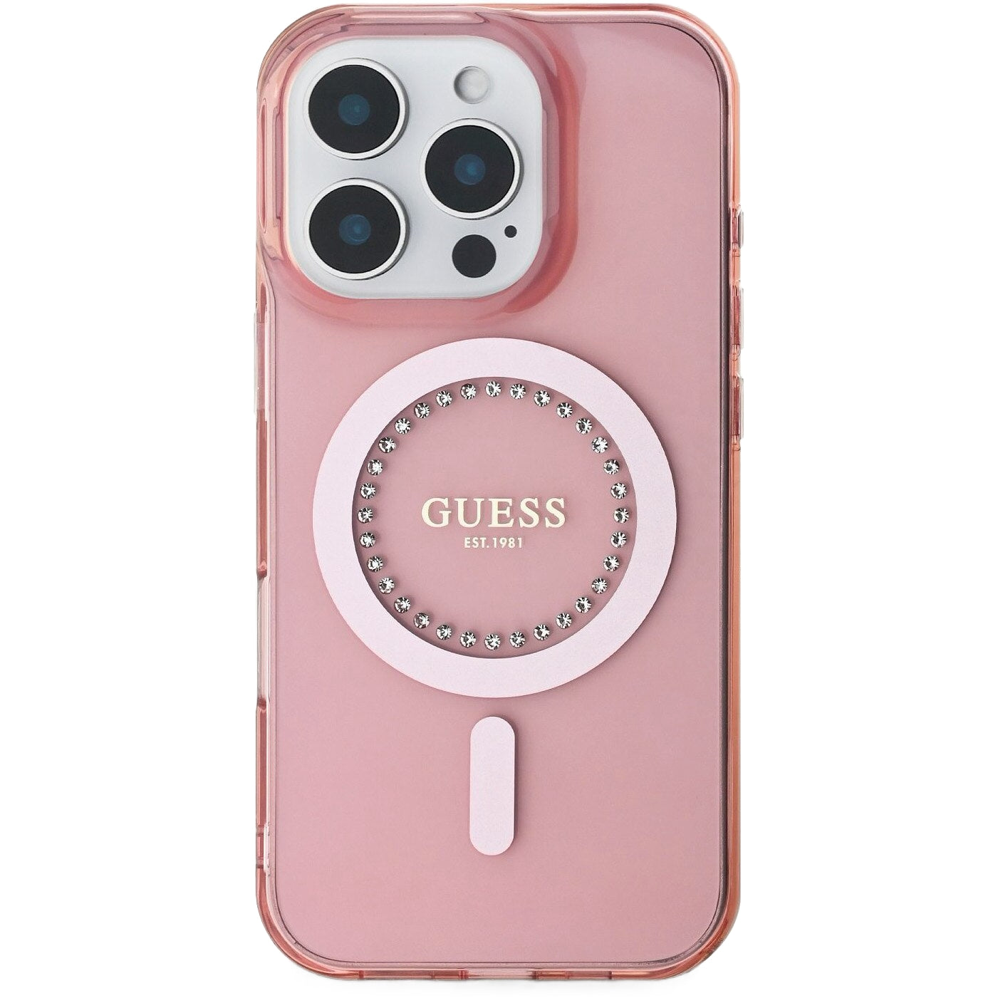 Custodia MagSafe per Apple iPhone 16 Pro Max, Guess, IML Rhinestones Ring, Rosa GUHMP16XPFTDTEP