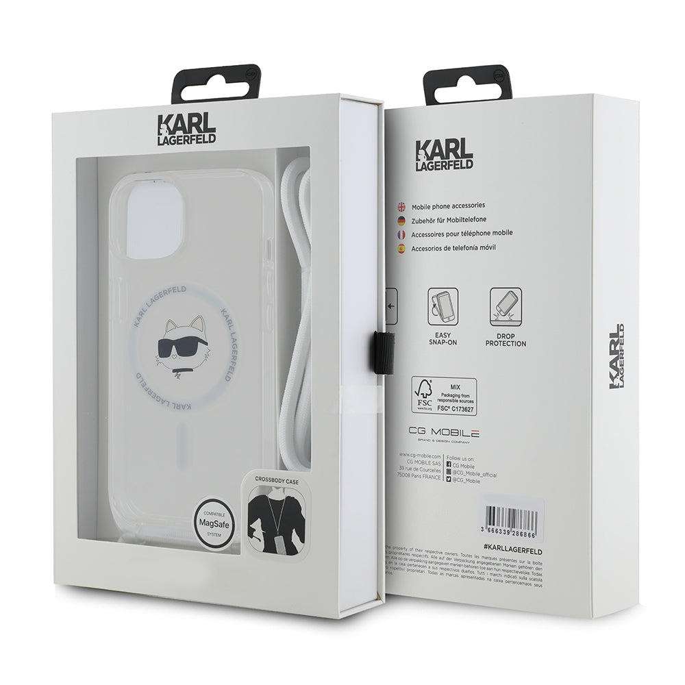 Custodia MagSafe per Apple iPhone 14, Karl Lagerfeld, IML Crossbody Choupette's Head con Tracolla, Trasparente