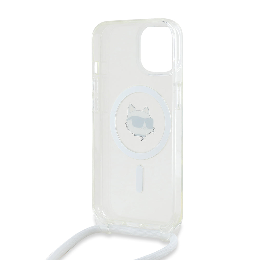 Custodia MagSafe per Apple iPhone 14, Karl Lagerfeld, IML Crossbody Choupette's Head con Tracolla, Trasparente