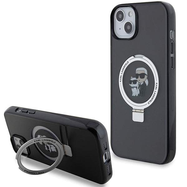 Custodia MagSafe per Apple iPhone 14, Karl Lagerfeld, Ring Stand Karl & Choupette, Nera