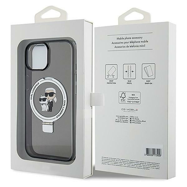 Custodia MagSafe per Apple iPhone 14, Karl Lagerfeld, Ring Stand Karl & Choupette, Nera