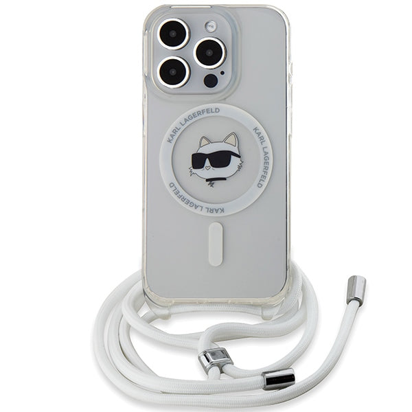 Custodia MagSafe per Apple iPhone 14 Pro, Karl Lagerfeld, IML Crossbody Choupette's Head with Strap, Trasparente