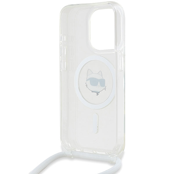 Custodia MagSafe per Apple iPhone 14 Pro, Karl Lagerfeld, IML Crossbody Choupette's Head with Strap, Trasparente