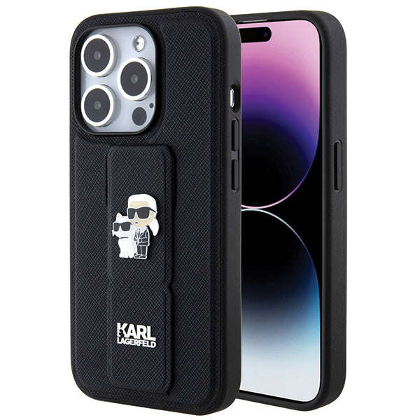Custodia MagSafe per Apple iPhone 14 Pro, Karl Lagerfeld, Saffiano Gripstand Karl & Choupette, Nera