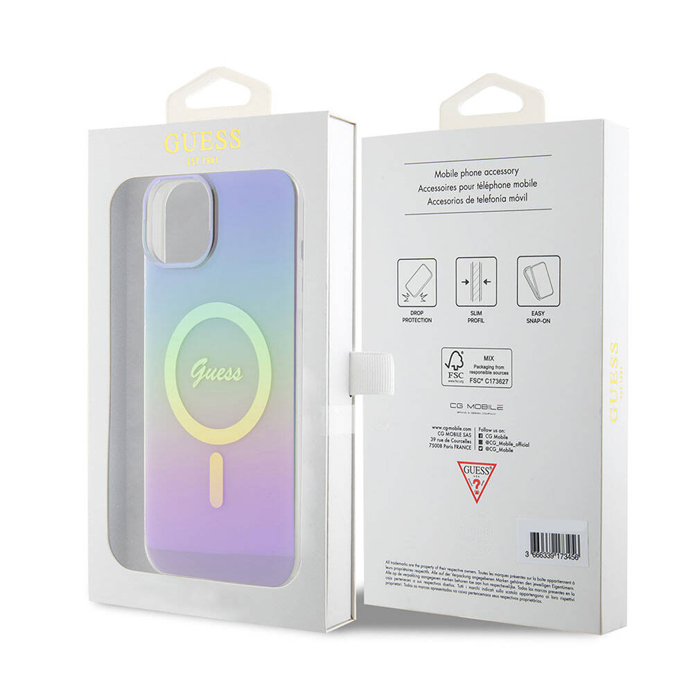Custodia MagSafe per Apple iPhone 15, Guess, IML Iridescente, Viola