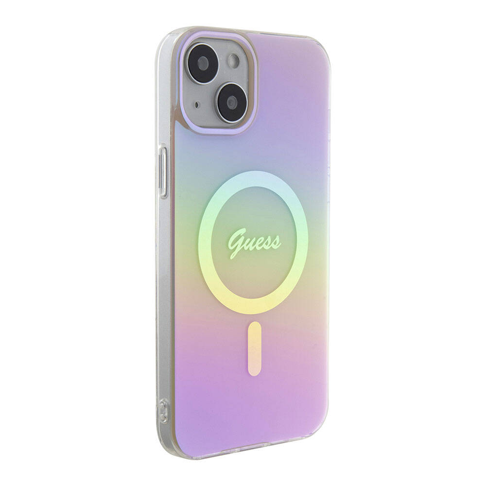 Custodia MagSafe per Apple iPhone 15, Guess, IML Iridescent Script, Rosa GUHMP15SHITSP
