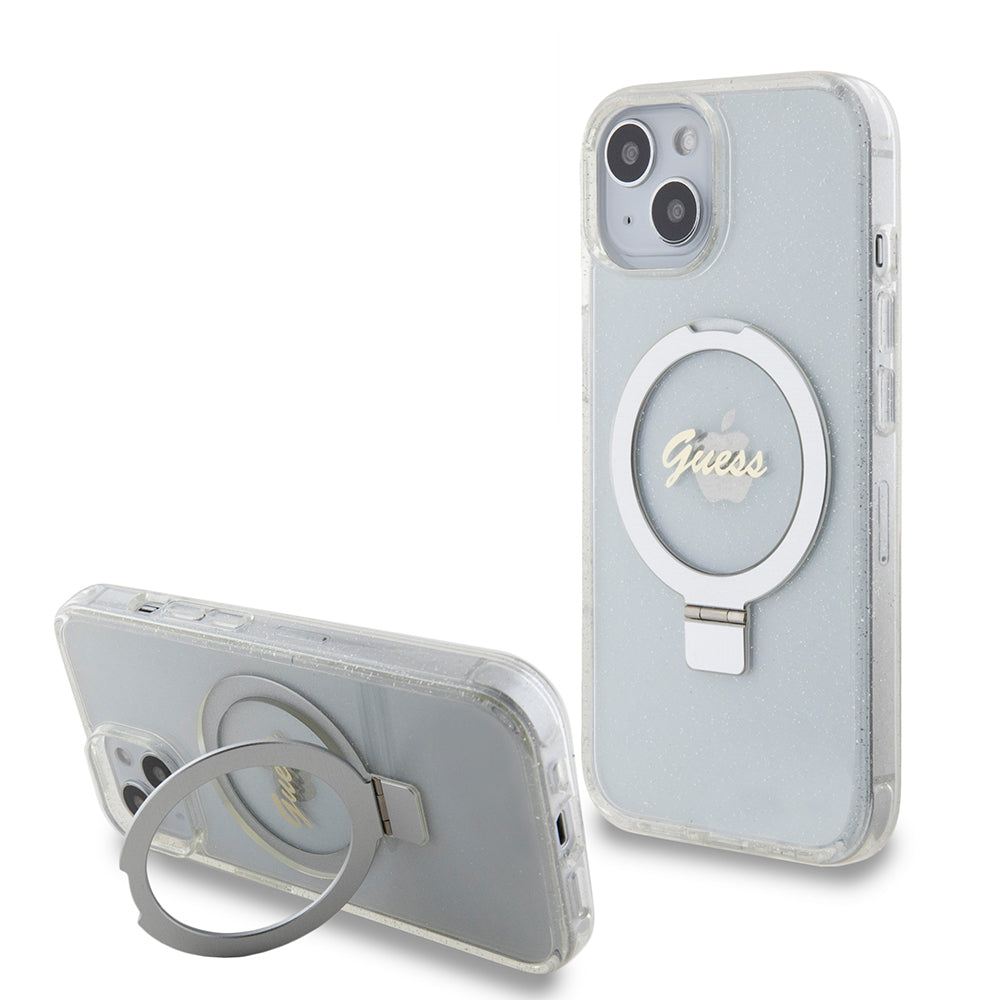 Custodia MagSafe per Apple iPhone 15, Guess, Ring Stand Script Glitter, Trasparente