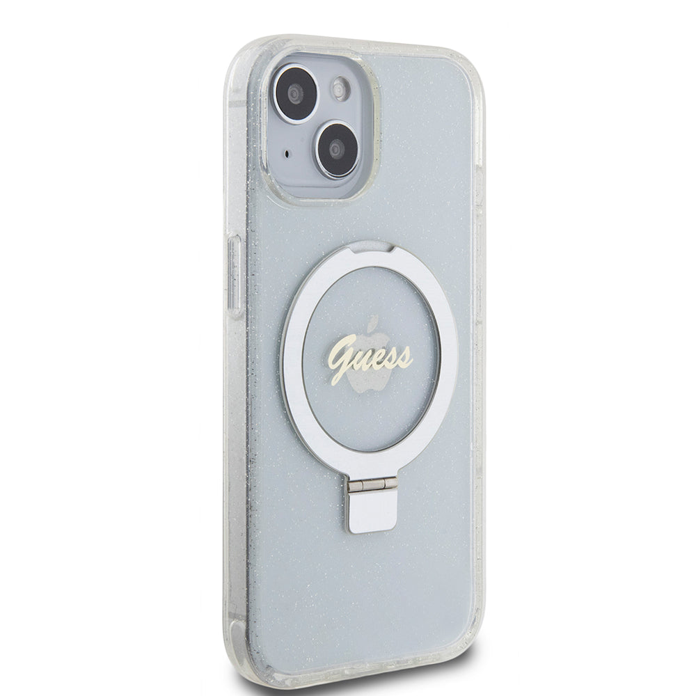 Custodia MagSafe per Apple iPhone 15, Guess, Ring Stand Script Glitter, Trasparente
