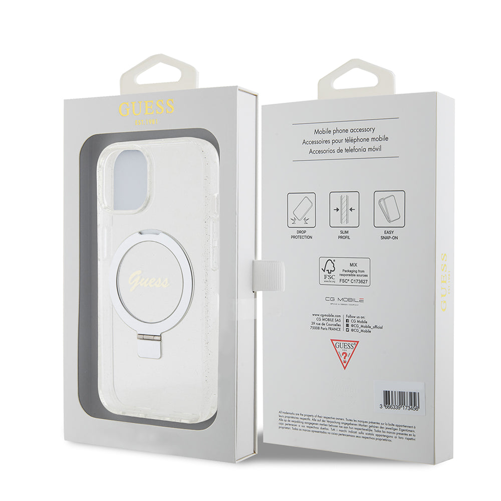 Custodia MagSafe per Apple iPhone 15, Guess, Ring Stand Script Glitter, Trasparente