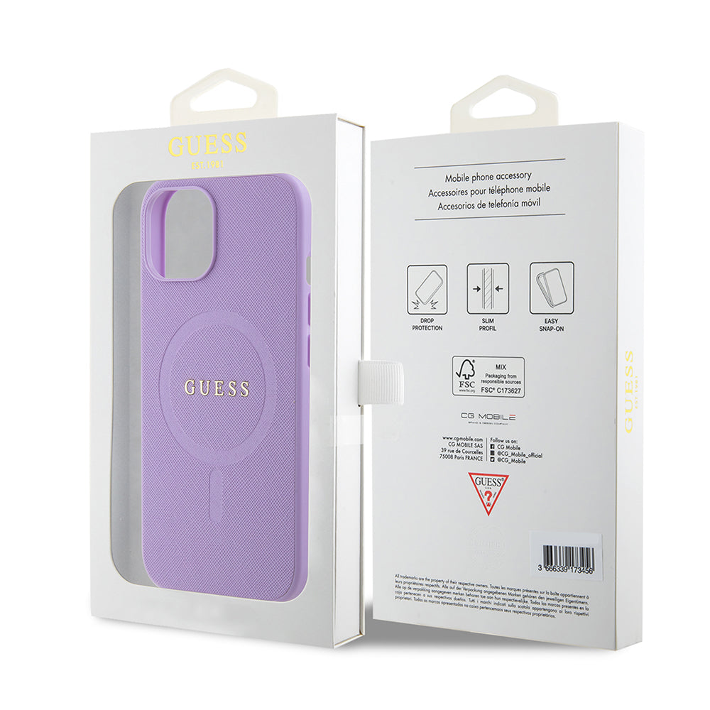Custodia MagSafe per Apple iPhone 15, Guess, Saffiano, Viola