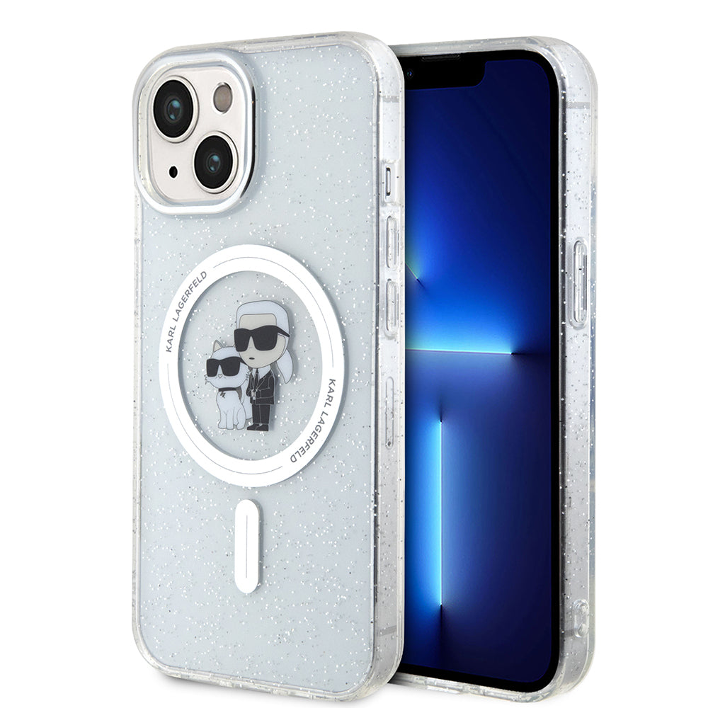 Custodia MagSafe per Apple iPhone 15, Karl Lagerfeld, Glitter Karl & Choupette, Trasparente