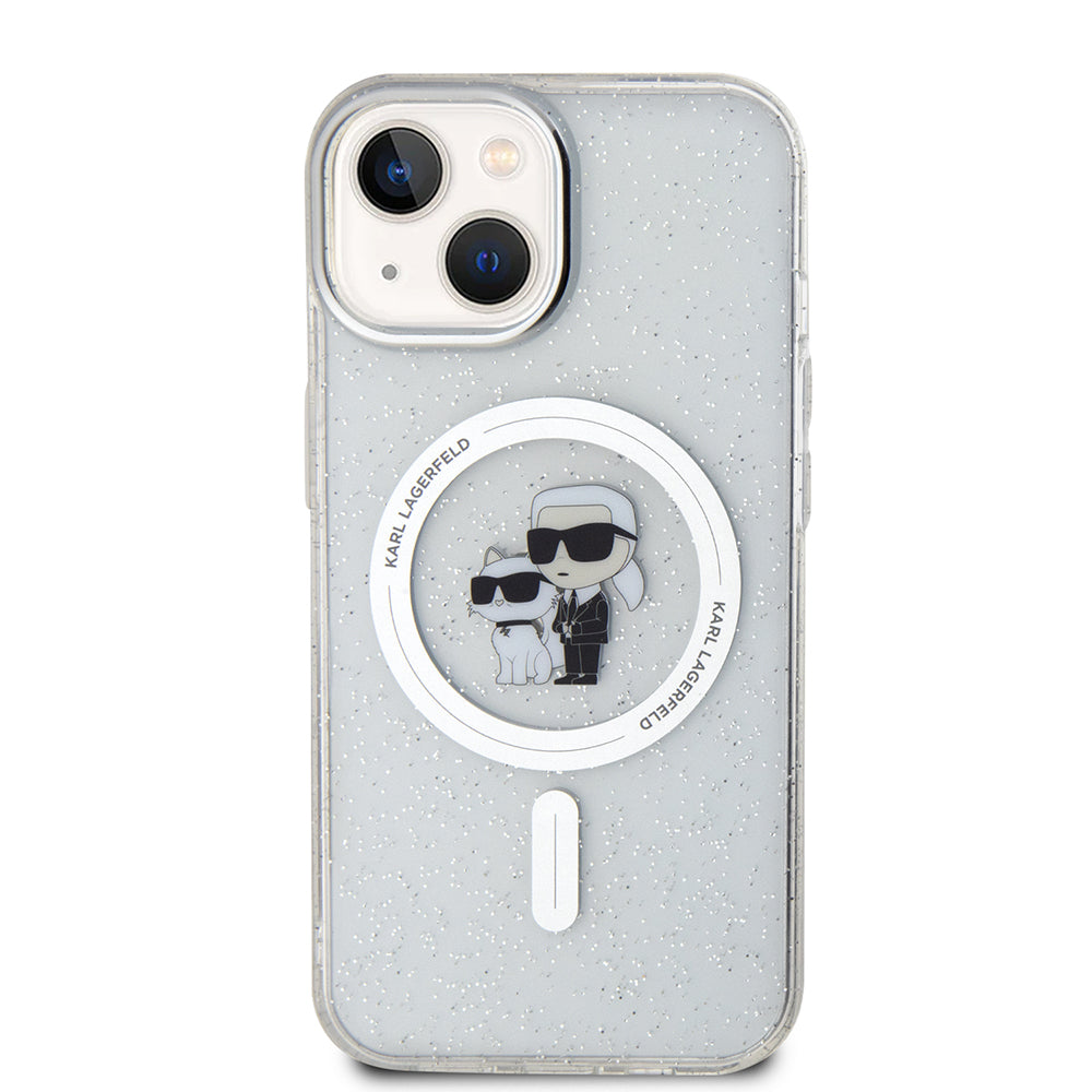 Custodia MagSafe per Apple iPhone 15, Karl Lagerfeld, Glitter Karl & Choupette, Trasparente