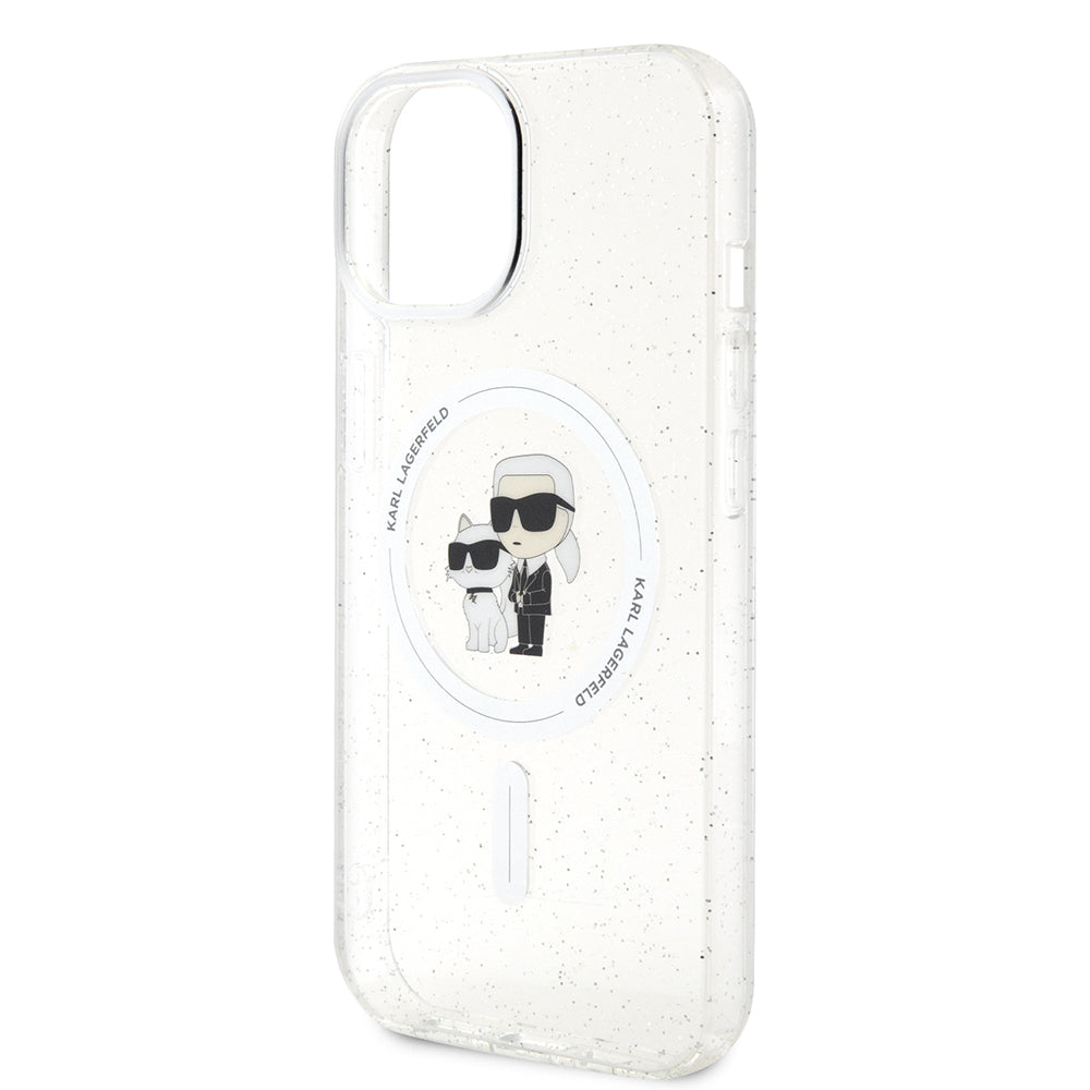 Custodia MagSafe per Apple iPhone 15, Karl Lagerfeld, Glitter Karl & Choupette, Trasparente