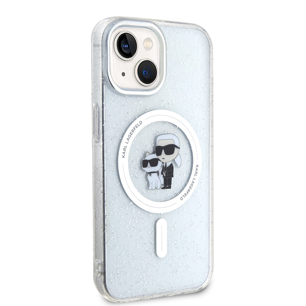Custodia MagSafe per Apple iPhone 15, Karl Lagerfeld, Glitter Karl & Choupette, Trasparente