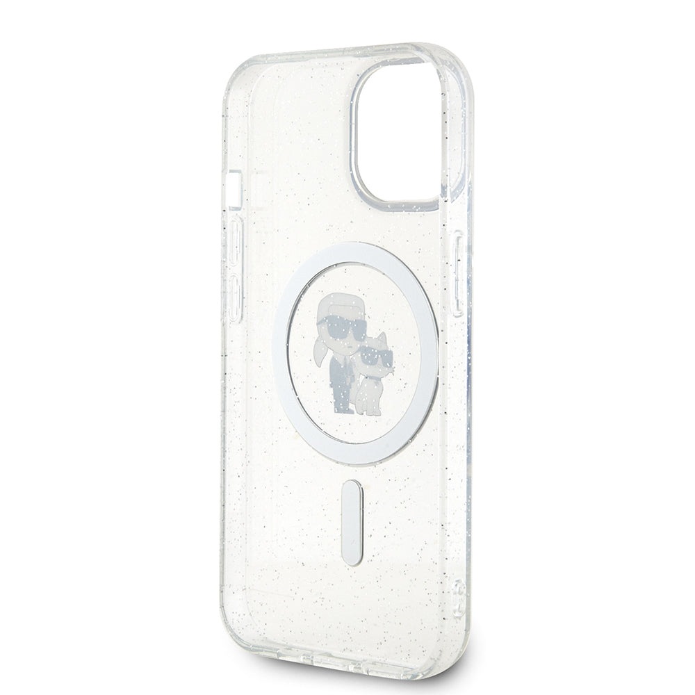 Custodia MagSafe per Apple iPhone 15, Karl Lagerfeld, Glitter Karl & Choupette, Trasparente