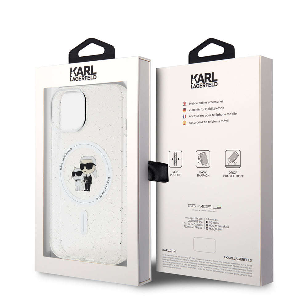 Custodia MagSafe per Apple iPhone 15, Karl Lagerfeld, Glitter Karl & Choupette, Trasparente