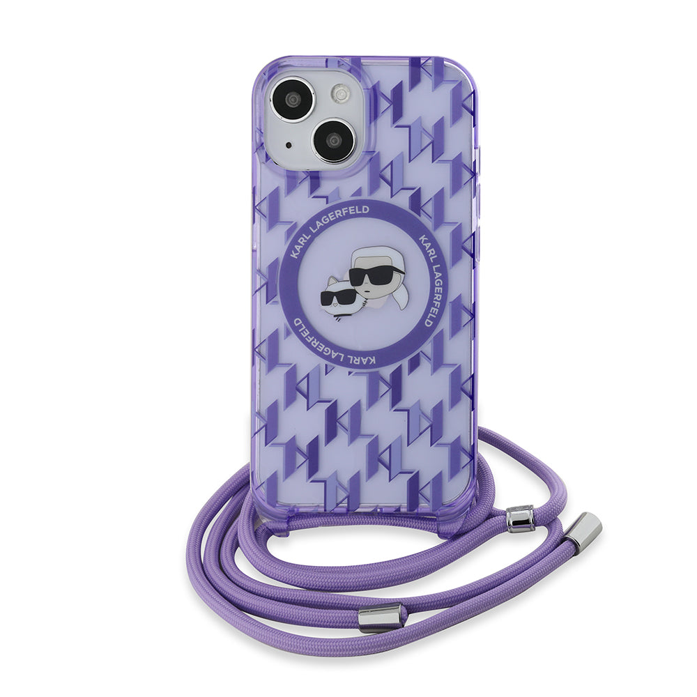 Custodia MagSafe per Apple iPhone 15, Karl Lagerfeld, IML Crossbody Monogramma Karl & Choupette's Heads, Viola