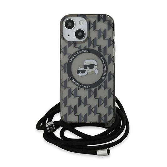 Custodia MagSafe per Apple iPhone 15, Karl Lagerfeld, IML Crossbody Monogram Karl & Choupette's Heads, Nera